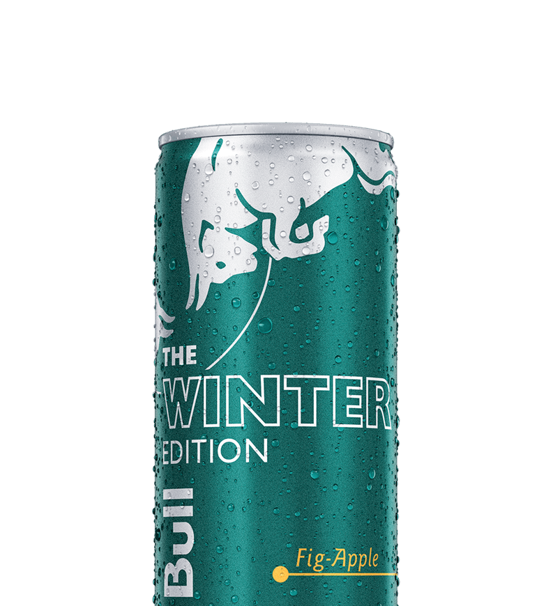 A chilled half can of Red Bull Winter Edition
