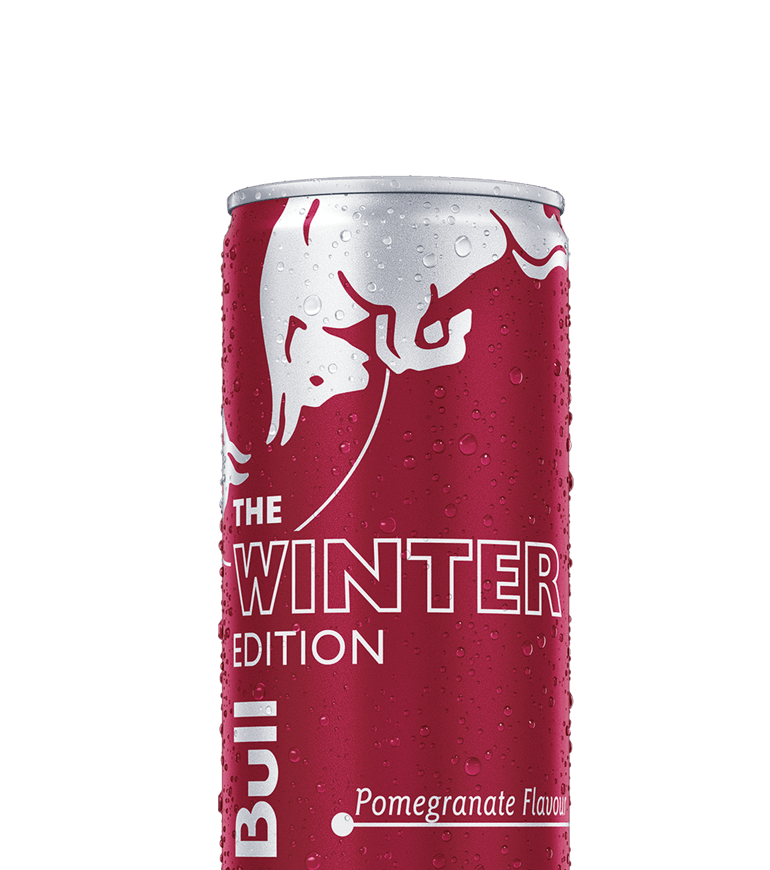 A chilled half can of Red Bull Winter Edition Pomegranate