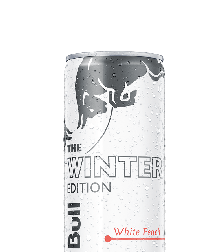 A chilled half can of Red Bull Winter Edition White Peach