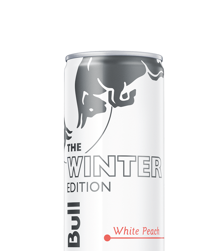 A half can of Red Bull Winter Edition White Peach