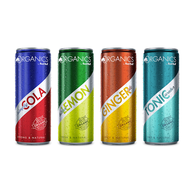 Frontal shot of chilled closed ORGANICS cans