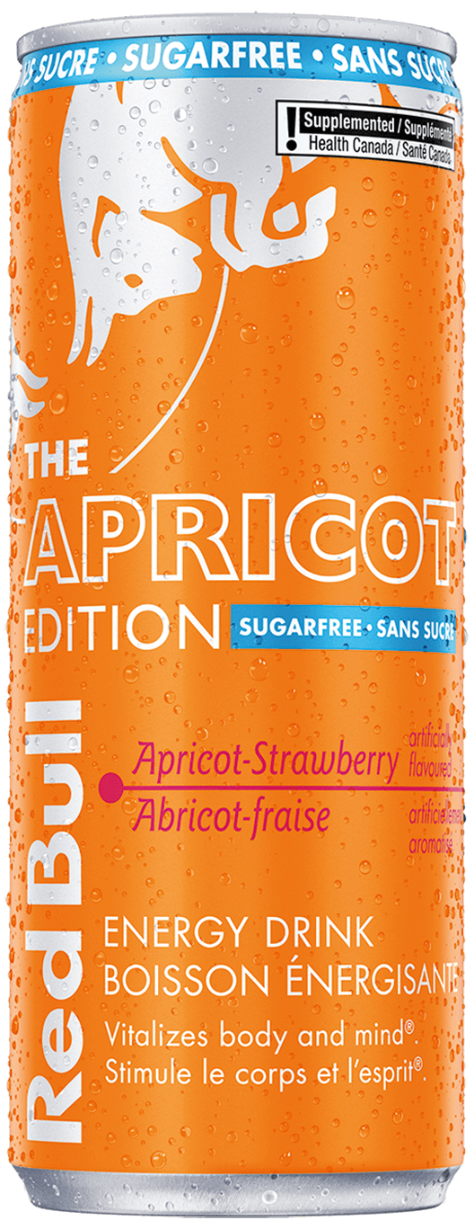 Front view of the Red Bull Apricot Edition Sugarfree can