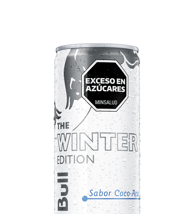 A chilled half can of Red Bull Winter Edition