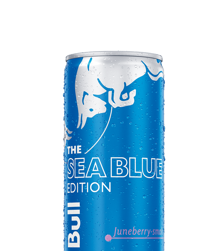 A chilled half can of Red Bull Sea Blue Edition