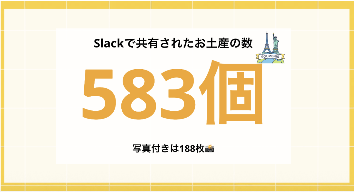 「Slackで共有されたお土産の数は583個」のスライド