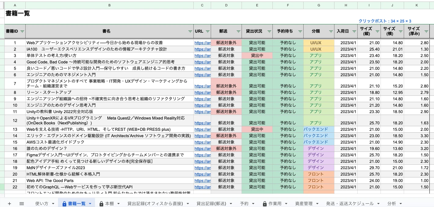 BOOK HUBが管理している書籍管理帳