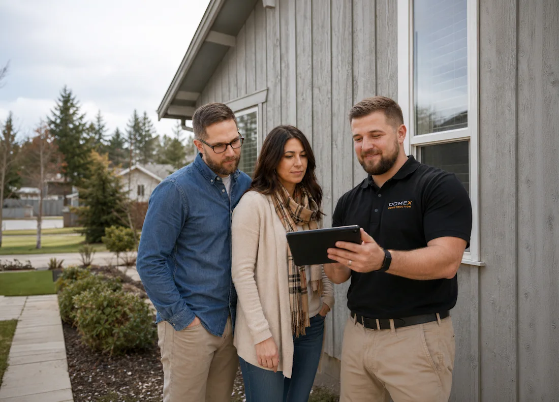 Domex Construction walking homeowners through an exterior remodeling consultation in Spokane