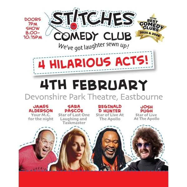Event card thumbnail image for Stitches Comedy Club - Josh Pugh, Reginald D Hunter and Sara Pascoe