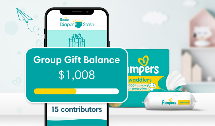Mobile phone showing Pampers Diaper Stash user interface with Online diaper fund group gift balance and Pampers diapers and wipes packages.