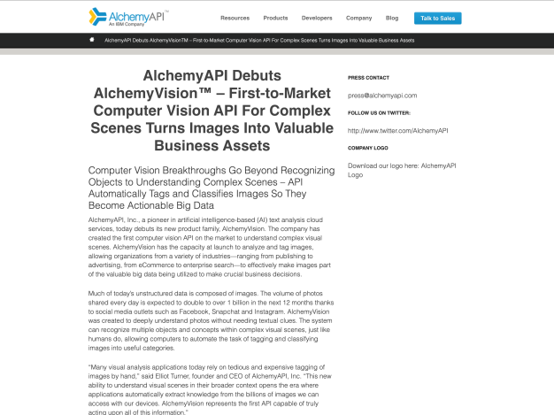 AlchemyAPI website, press release for AlchemyVision.