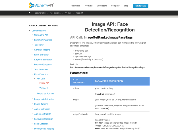 AlchemyAPI.com documentation for the Image API: Face Detection/Recognition.