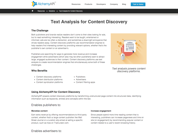 AlchemyAPI text analytic for content discovery solutions page.