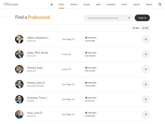 Procopio.com lawyer list view page.