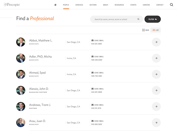 Procopio.com lawyer list view page.