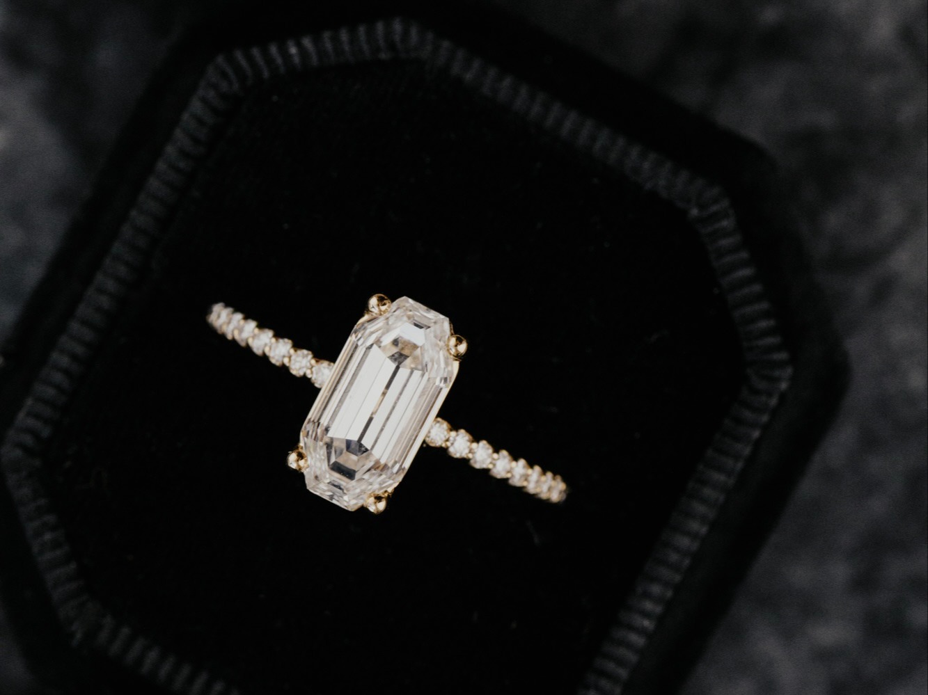 The Jenna 2.01 ct Octagon Step Cut Lab Grown Diamond Ring in a black velvet ring box