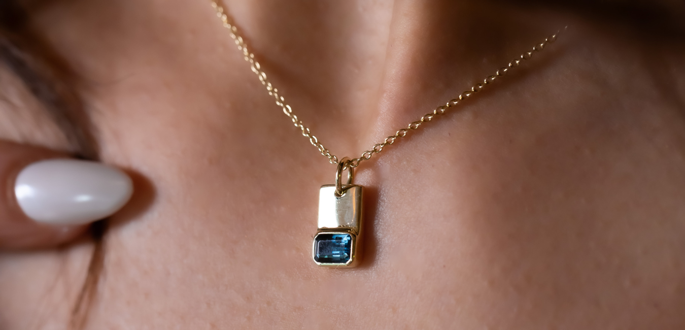 Emerald Cut London Blue Topaz and Gold Accent Necklace