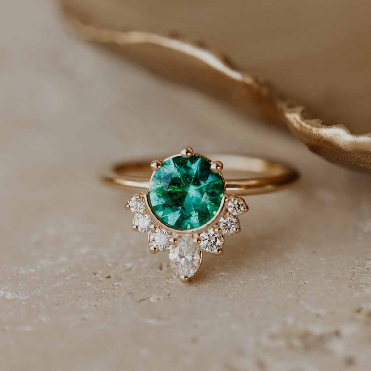 The Athena 1.10 ct Round Emerald Ring. This ring is one of a kind.
