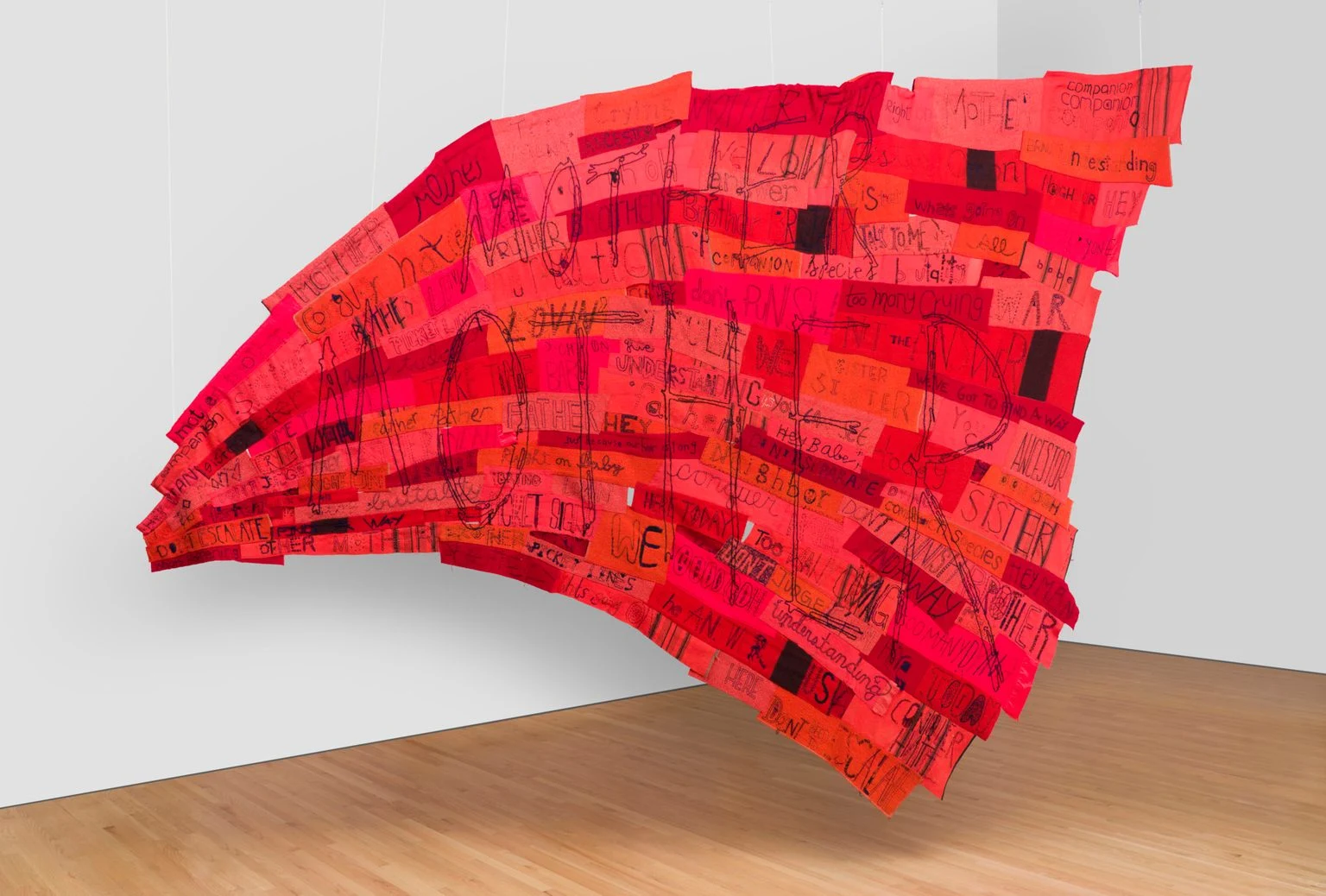 Marie Watt, Companion Species (Speech Bubble), 2019, reclaimed wool blankets, embroidery floss, and thread, 136 5/8 in. x 198 1/2 in. Crystal Bridges Museum of American Art, Bentonville, Arkansas, 2019.30. Photography by Edward C. Robison III.