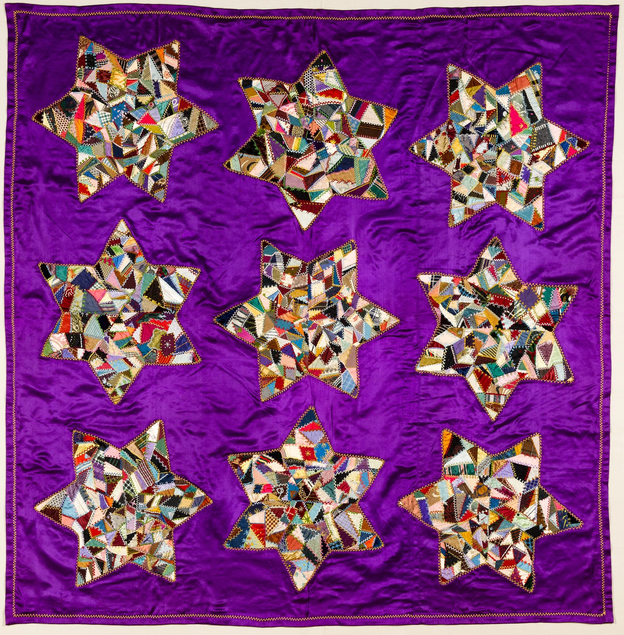 McAllister Family, Show Quilt with Contained Crazy Stars, 1885-1920, silks, including satin, 55 in. x 54 1/2 in. American Folk Art Museum, Gift of Eleanor Knapp, 2007.9.1.