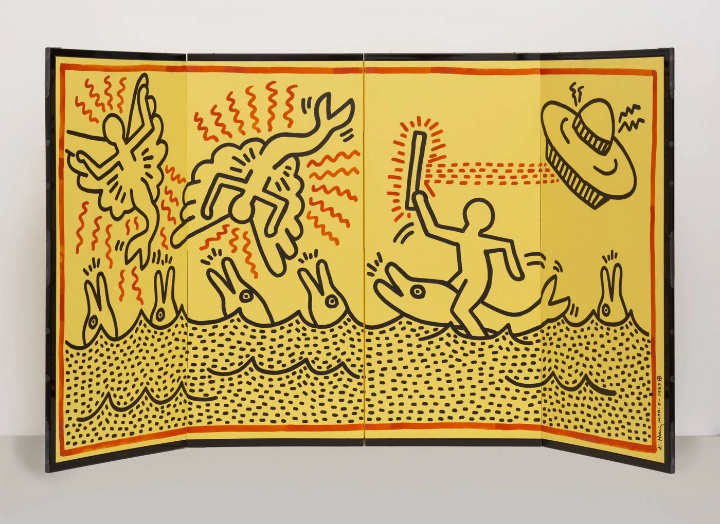Keith Haring, Untitled, 1983, Sumi ink on paper screen, 36 in. x 65 in. Collection of KAWS. © Keith Haring Foundation. Courtesy of the Foundation and Gladstone. Photography by David Regen.