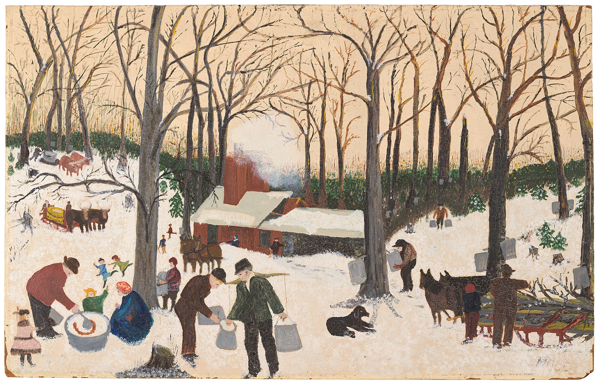 Grandma Moses, Bringing in the Maple Sugar, 1940 or earlier, oil on high-density fiberboard, Smithsonian American Art Museum, Museum purchase through the Luisita L. and Franz H. Denghausen Endowment, 2024.37.3, © Grandma Moses Properties Co., NY
