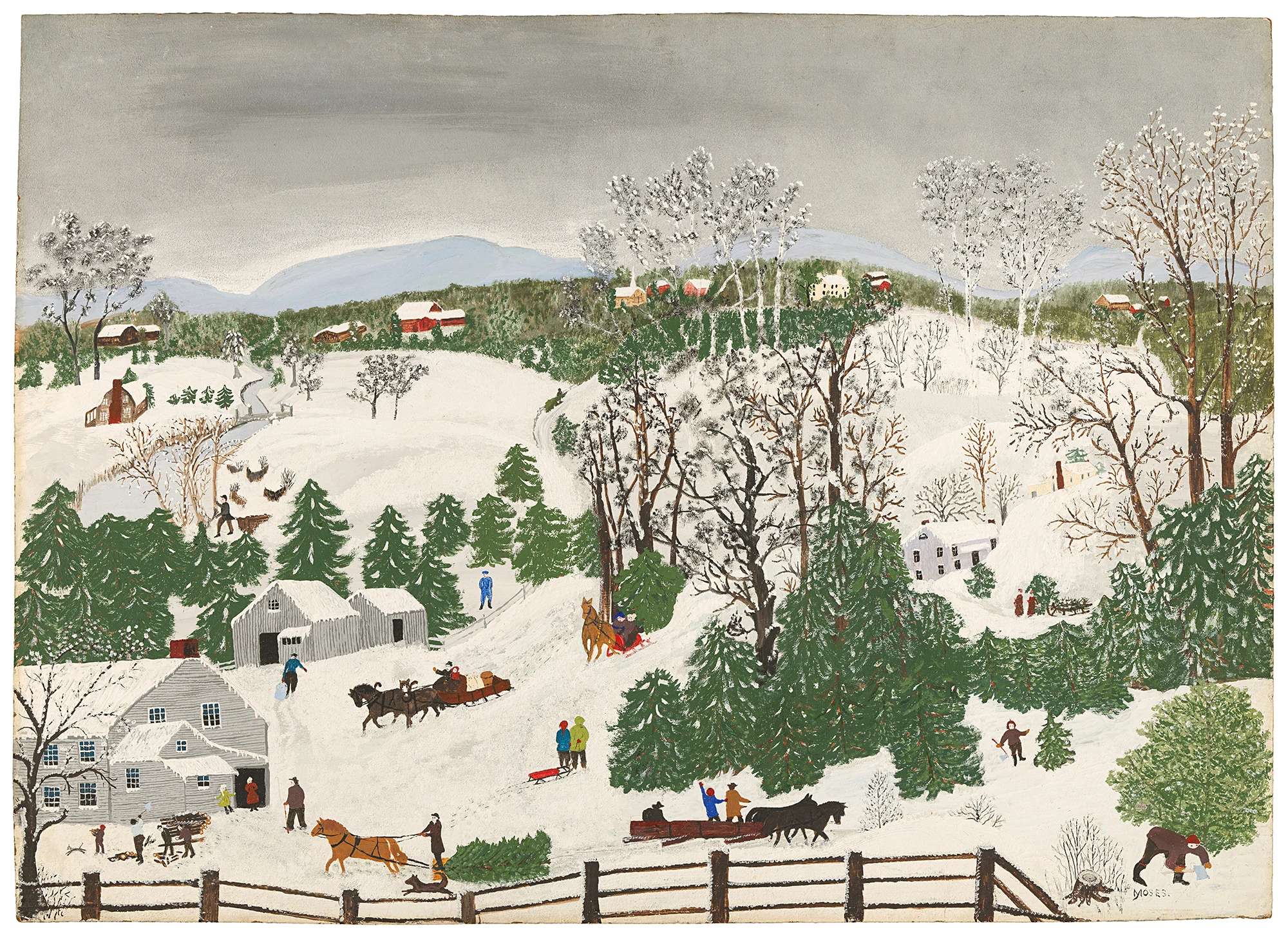 Grandma Moses, Out for Christmas Trees, 1946, oil and glitter on high-density fiberboard, Smithsonian American Art Museum, Gift of the Kallir Family in honor of Hildegard Bachert, 2017.34.2, © Grandma Moses Properties Co., NY