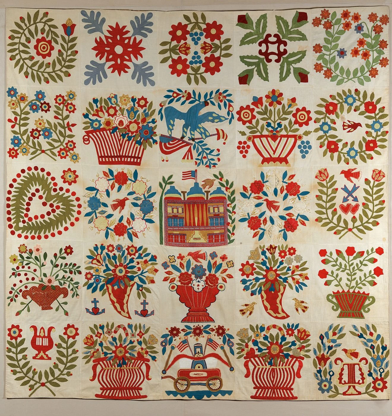 Unknown artist, Baltimore-Style Album Quilt, 1845-1850, cotton with wool embroidery, 84 in. x 82 in. American Folk Art Museum, Gift of Altria Group, Inc., 2008.9.3.