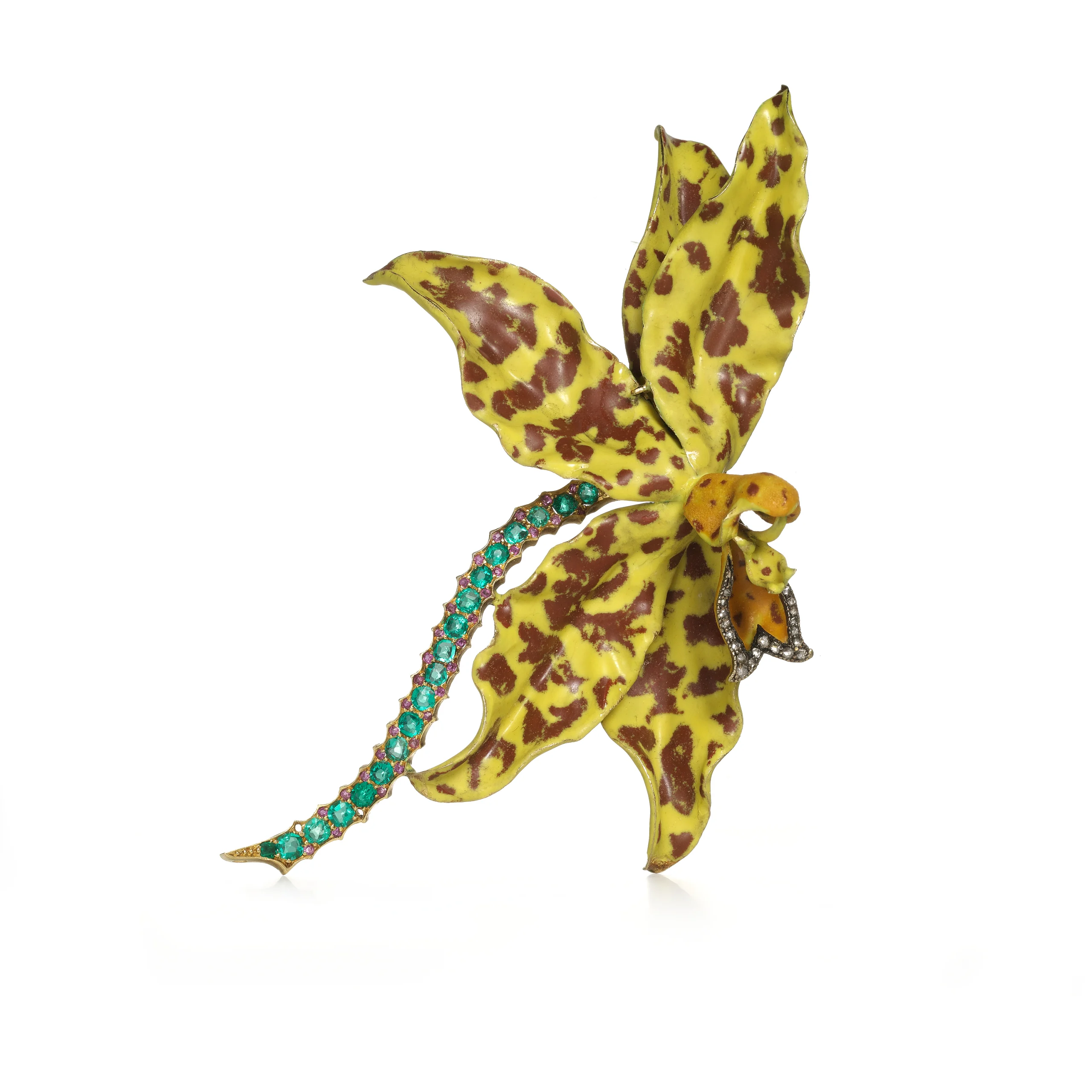 Tiger Orchid Brooch, George Paulding Farham for Tiffany & Co., 1889, Gold, sterling silver, diamonds, emeralds, pink sapphires, enamel, Exhibited at Exposition Universelle in 1889, The Tiffany Archives. 