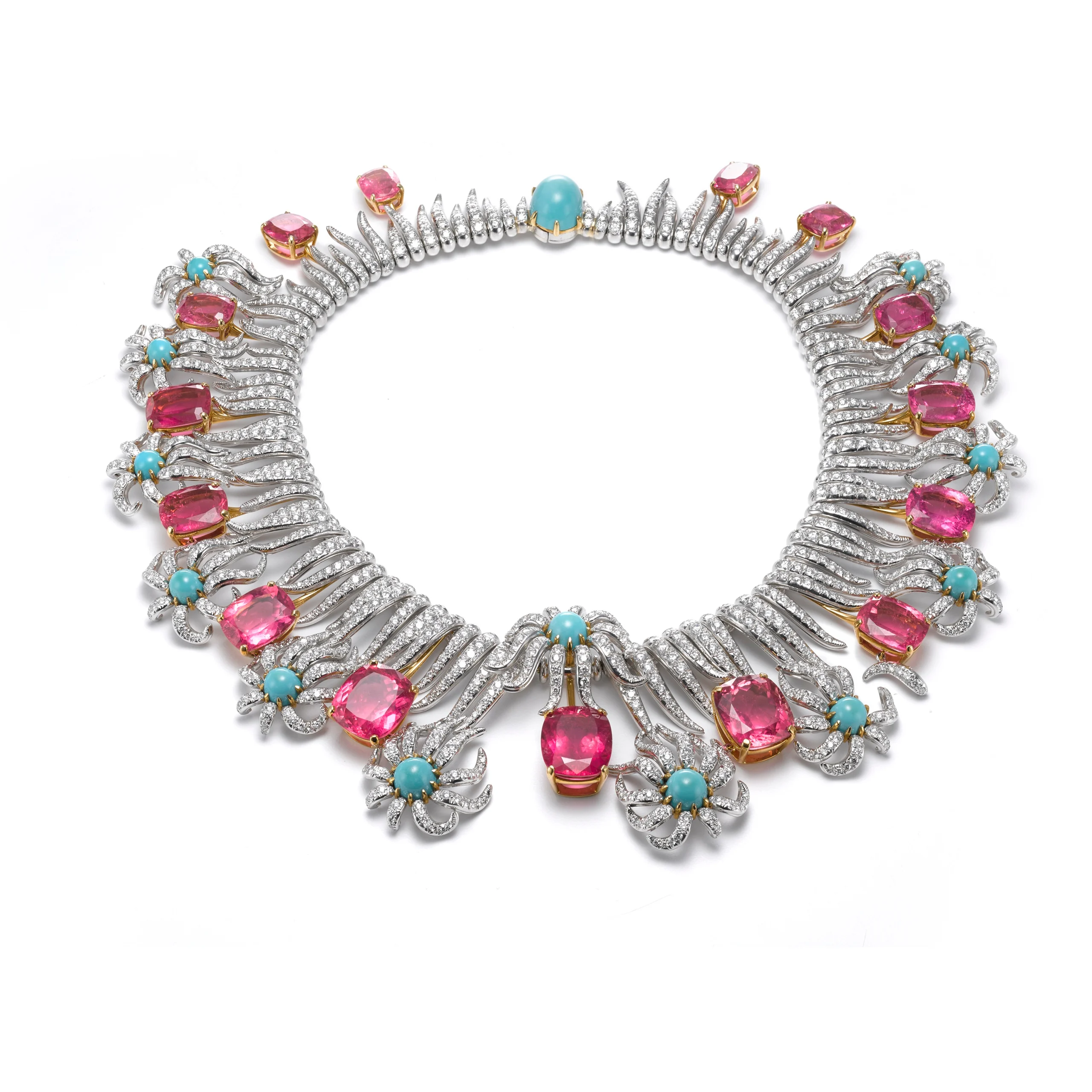 Hedges & Flowers Necklace, Jean Schlumberger for Tiffany & Co., Gold, platinum, diamonds, rubellite tourmalines, turquoise, The Tiffany Archives.

 