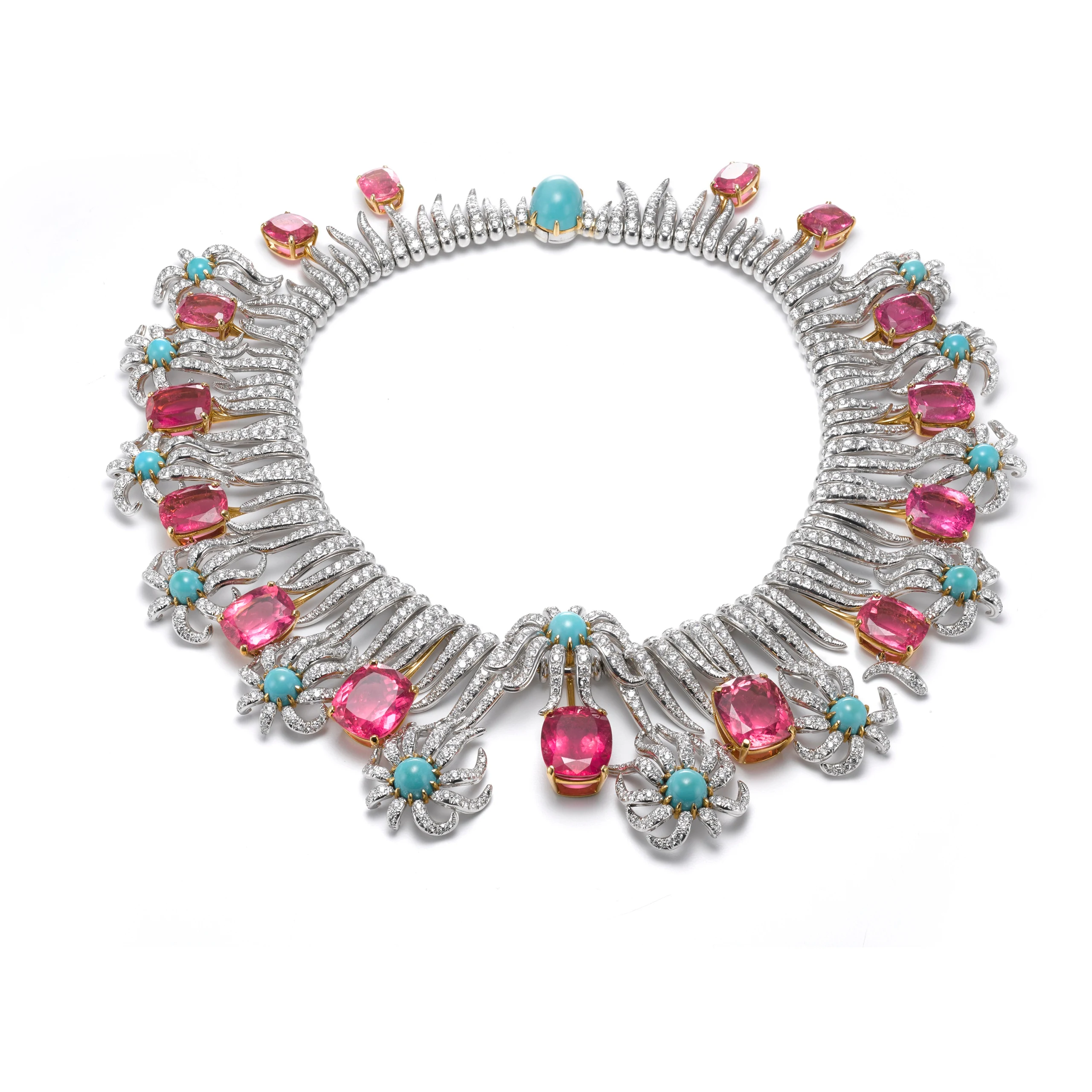 Hedges & Flowers Necklace, Jean Schlumberger for Tiffany & Co., Gold, platinum, diamonds, rubellite tourmalines, turquoise, The Tiffany Archives.

 