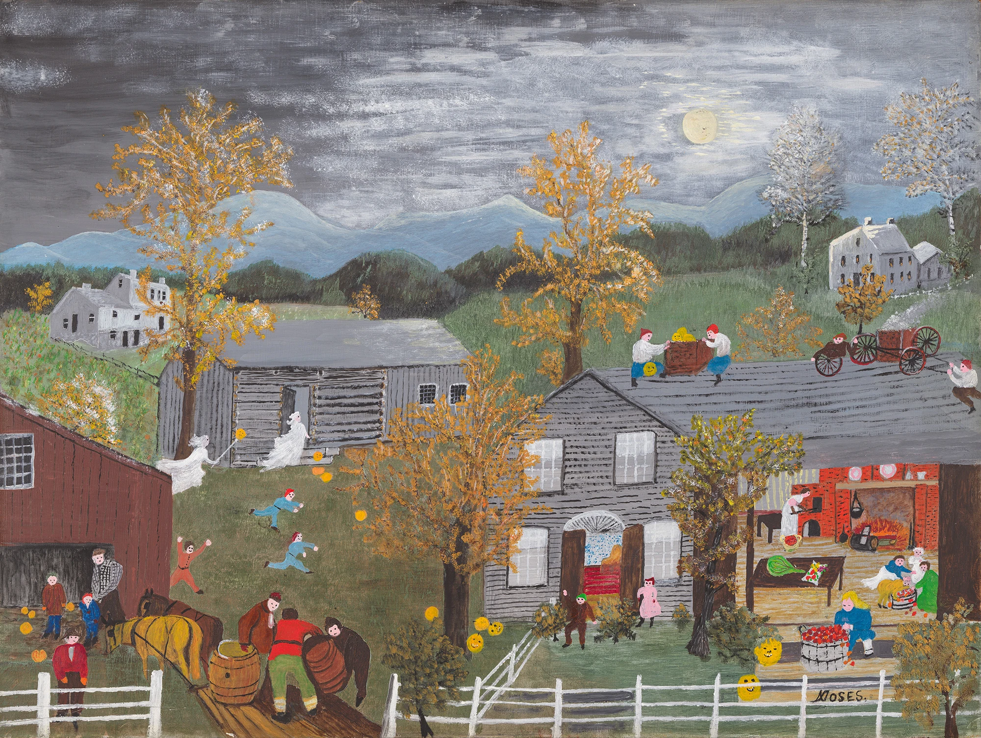 Grandma Moses, Halloween, 1955, oil on high-density fiberboard, Smithsonian American Art Museum, Museum purchase through the Luisita L. and Franz H. Denghausen Endowment, 2024.37.5, © Grandma Moses Properties Co., NY