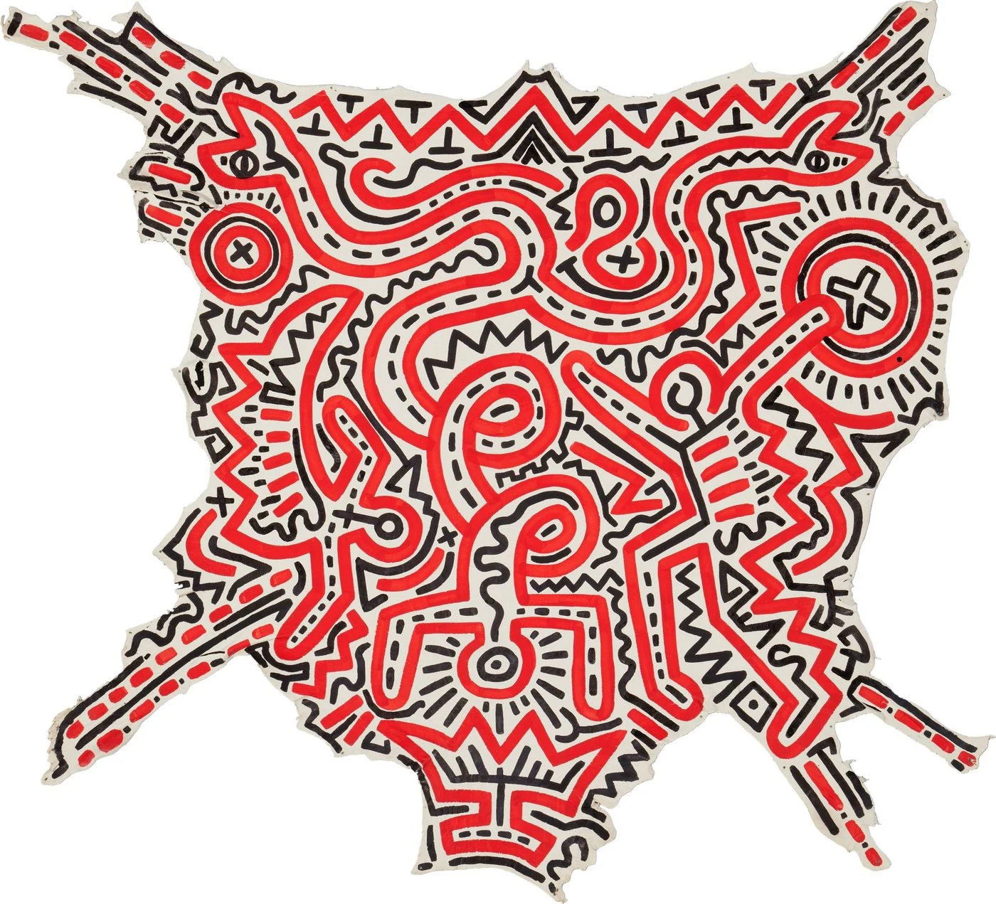 Keith Haring, Untitled, 1983, Sumi ink and acrylic on found hide, 38 in. x 40 in. Jeffrey D. Chaddock & Mark A. Marrow. © Keith Haring Foundation