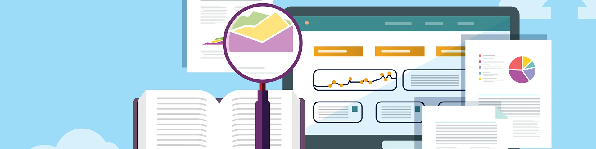 Graphic illustration of magnifying glass with report charts and tables