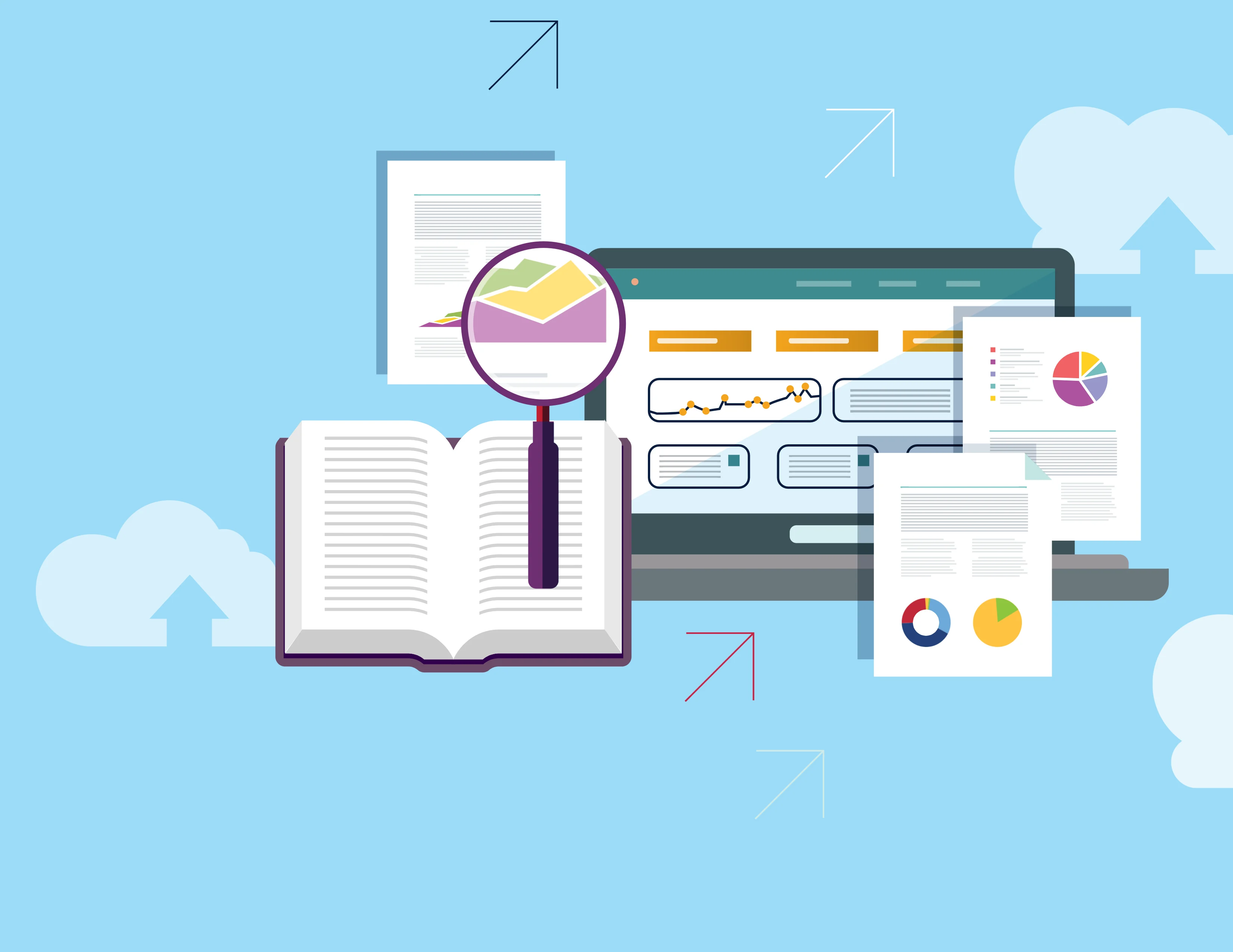 Magnifying glass with report illustrations.
