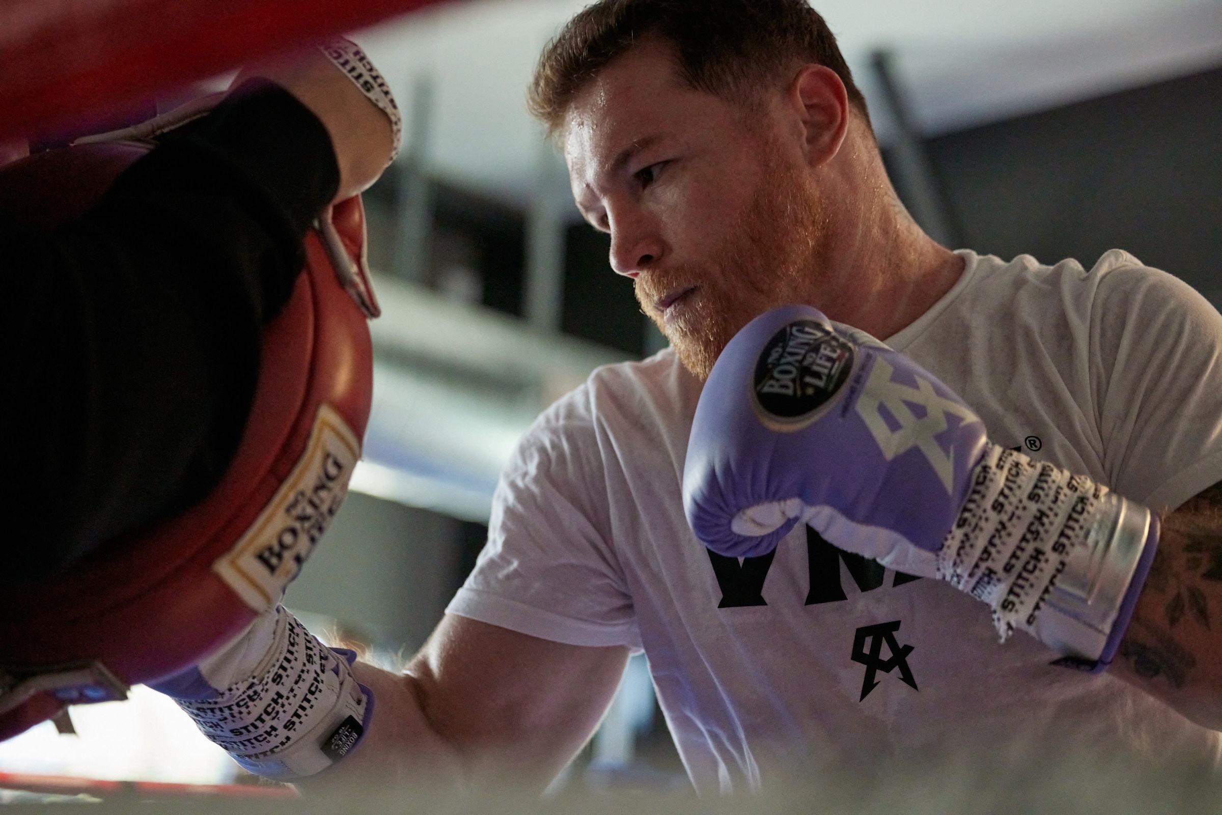 Canelo Alvarez working the pads in a training session