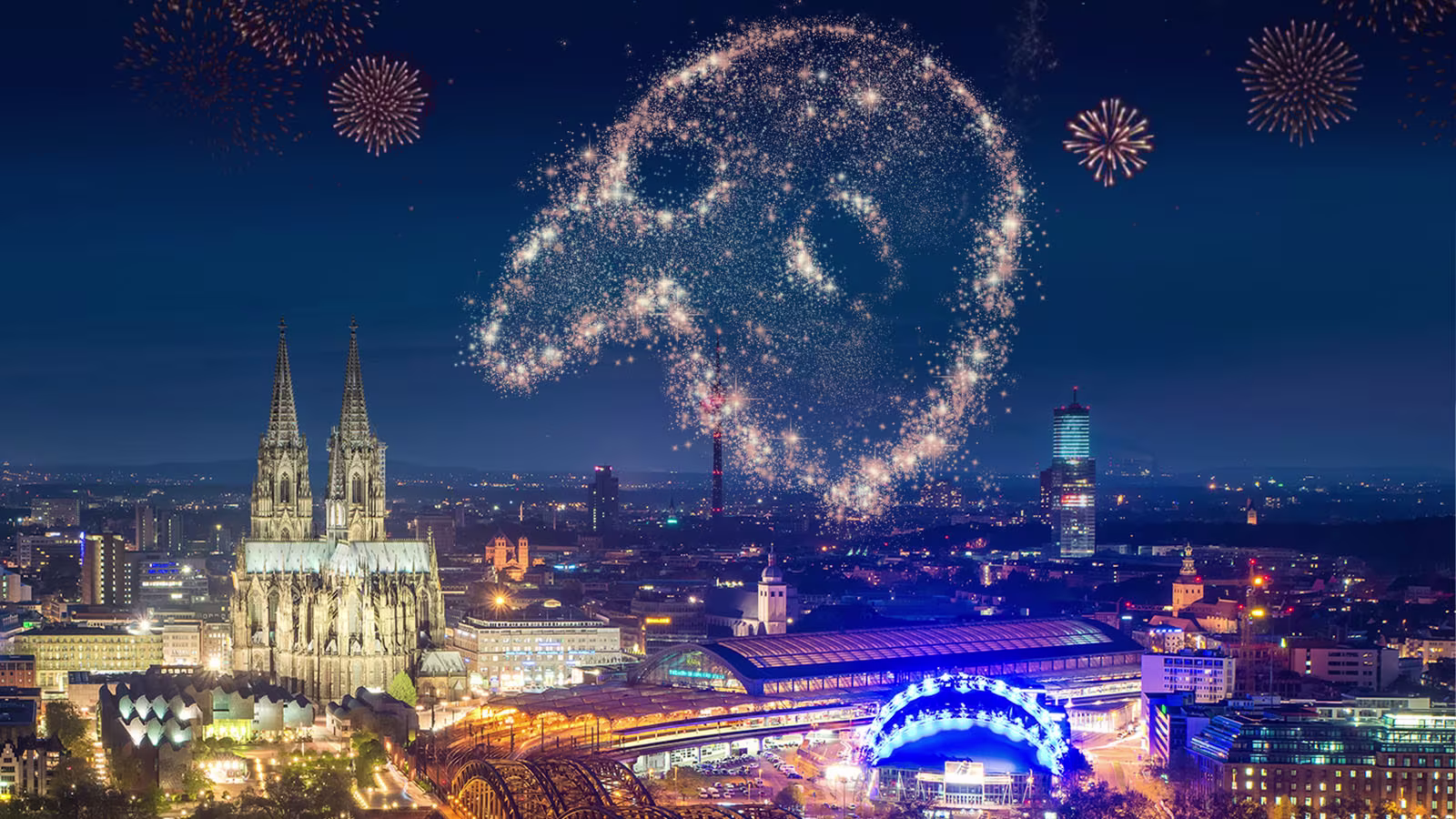 Das Phantom der Oper Aufnahme von Köln und Musical Dome mit Phantom Maske und Feuerwerk