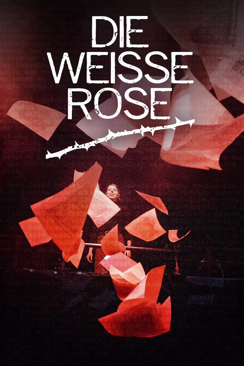 Die weiße Rose Keyvisual mit weißer Schrift des Logos, dunklem Hintergrund und roten Rosenblättern, die fliegen
