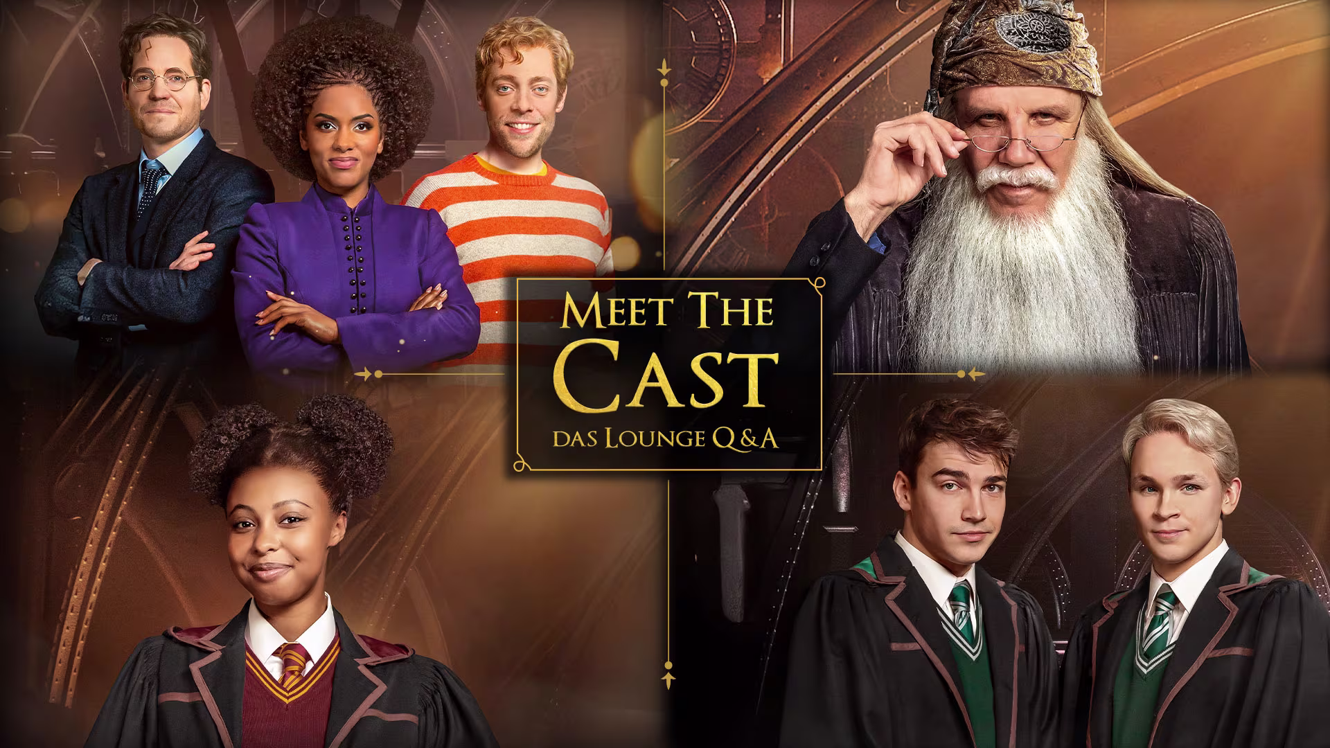 Bild-Collage mit Darstellern in Kostüm mit Banner auf welchem der Text steht: Meet the Cast - Das Lounge Q&A