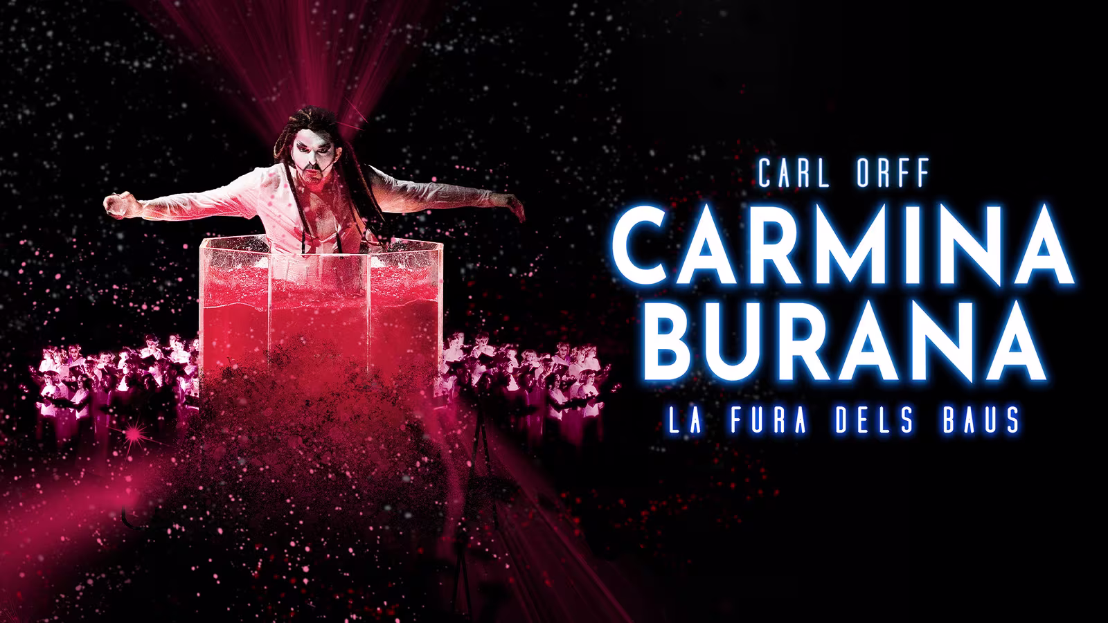 Eine Person mit langen schwarzen Haaren steht in einem Tank gefüllt mit roter Flüssigkeit. Vor schwarzem Hintergrund daneben das Logo von Carmina Burana.