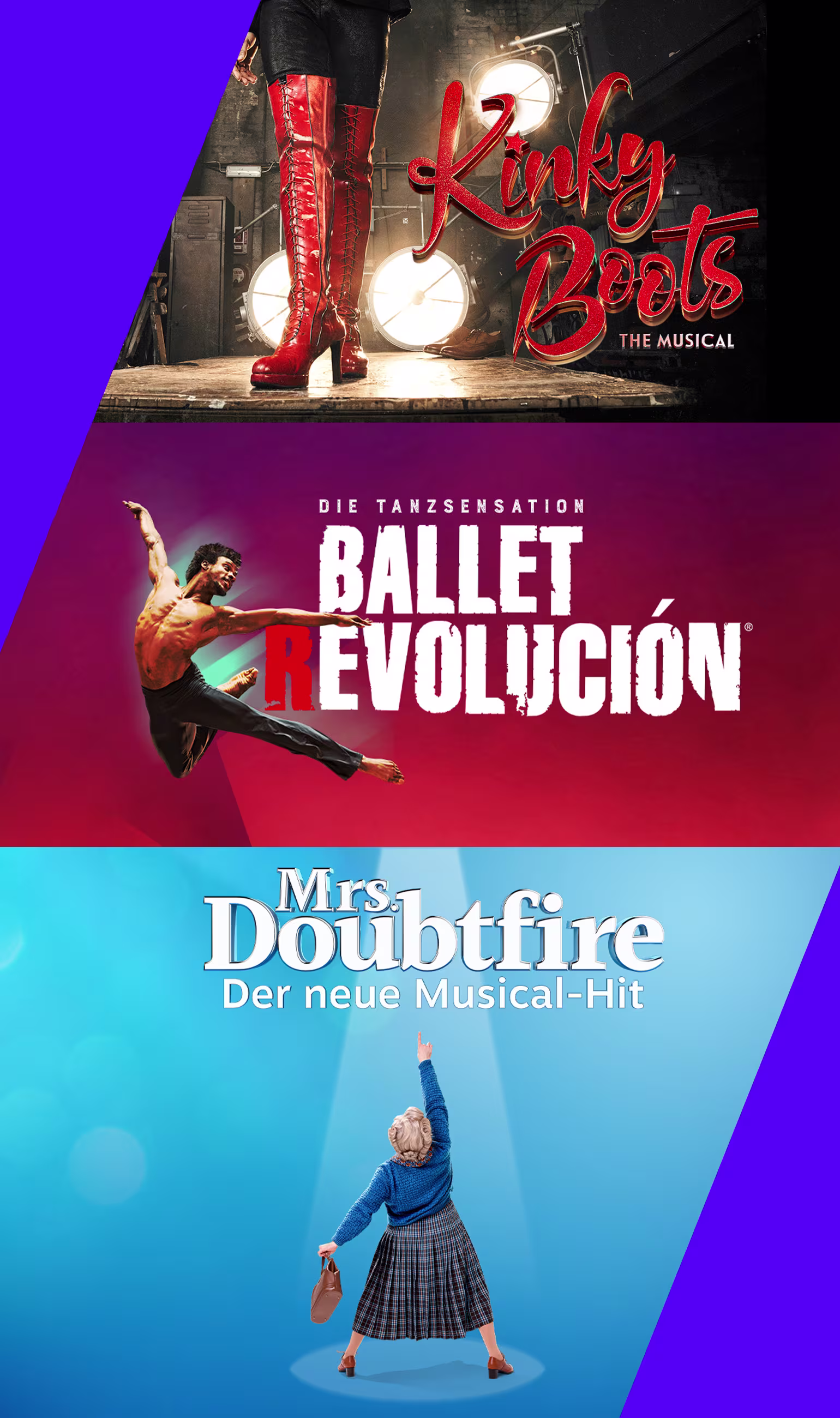Bildkomposition aus Kinky Boots – Das Musical, BALLET REVOLUCIÓN und Mrs Doubtfire – Der neue Musical-Hit