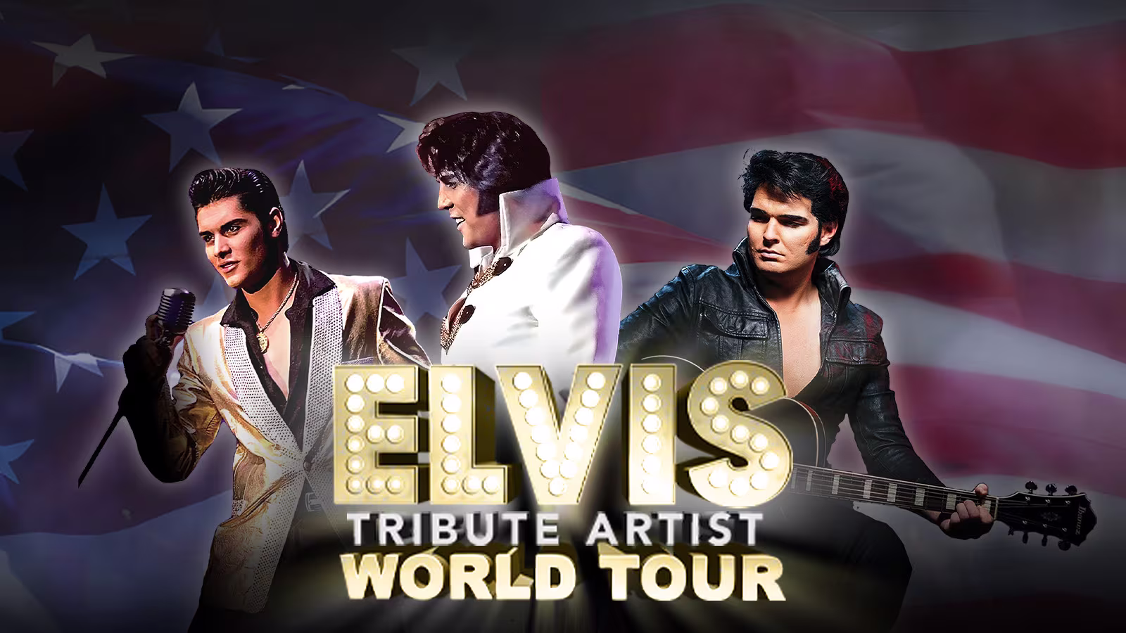 Drei Elvis Imitatoren stehen vor einer US-amerikanischen Flagge. Vor ihnen das Logo der Elvis Tribute Artist World Tour.