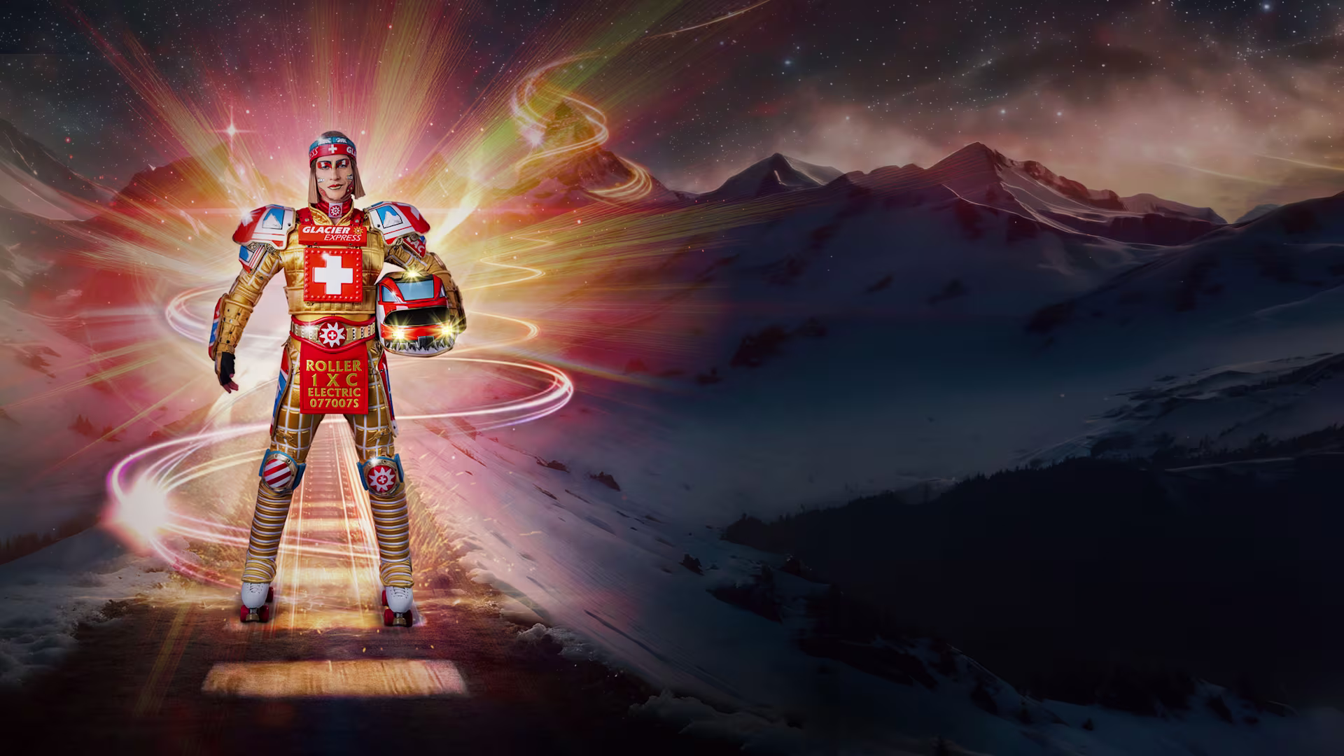 Starlight Express Glacier Express Ticktack im Kostüm vor Bergen und auf Schienen