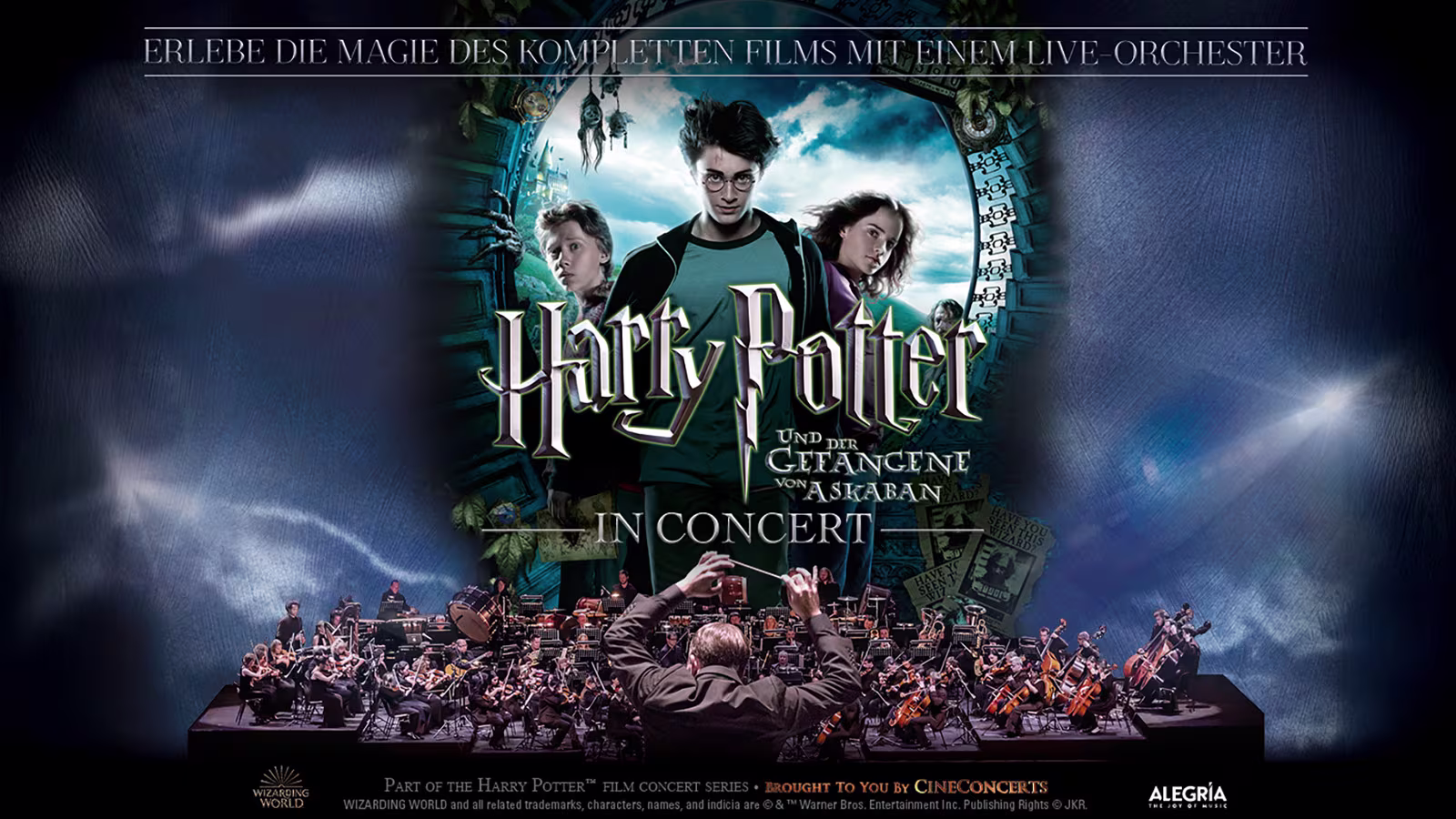 Harry Potter, Hermine Granger und Ron Weasley schauen in die Kamera. Unter Ihnen ist ein Orchester zu sehen. Getrennt werden sie vom Logo von Harry Potter und der Gefangene von Askaban.