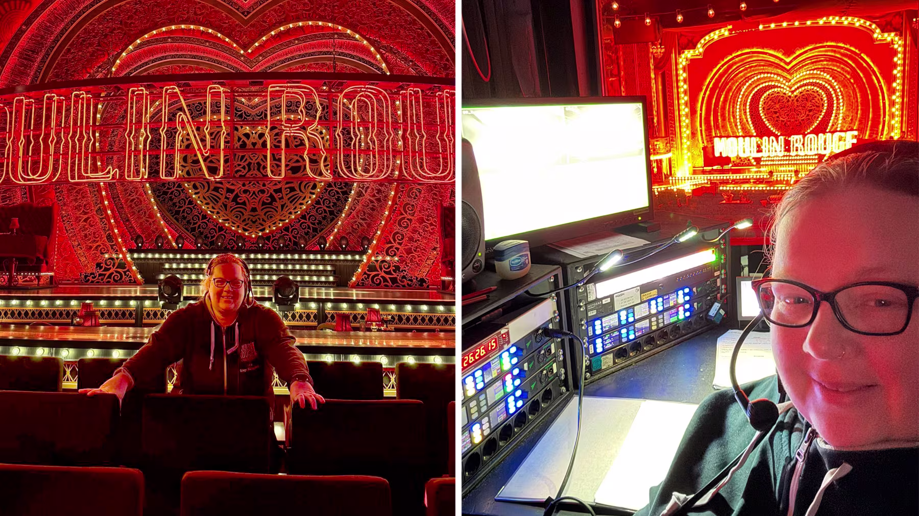Frau zwischen den Zuschauerreihen vor dem Bühnenbild von Moulin Rouge! Das Musical und Frau am Caller-Pult im Zuschauerraum
