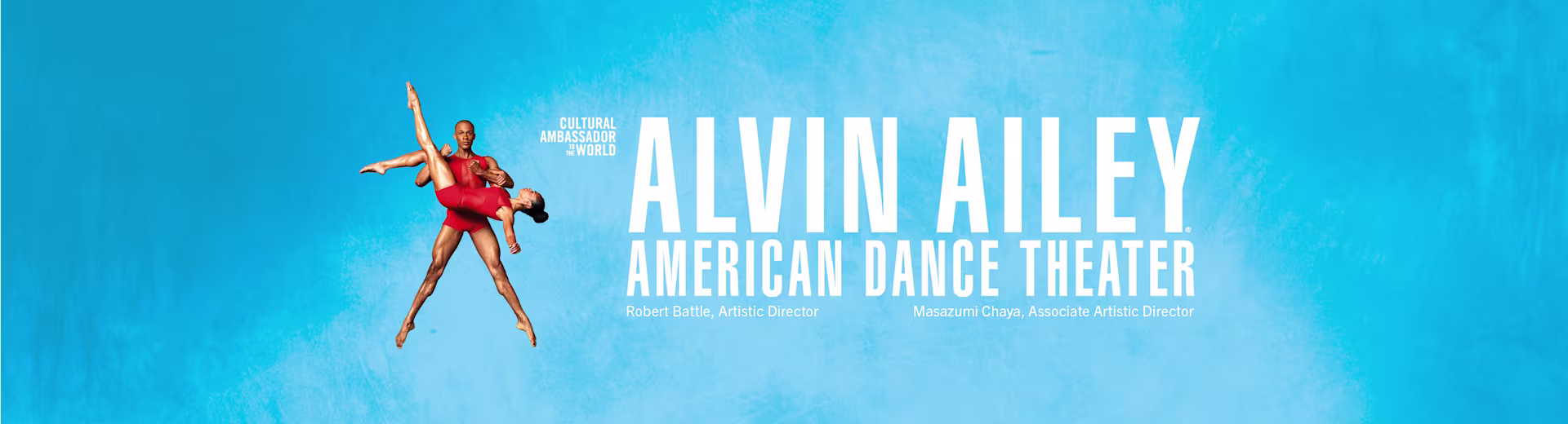 ATG Touring, Banner Alvin Ailey - American Dance Theater. Zwei Tänzer auf blauem Hintergrund 