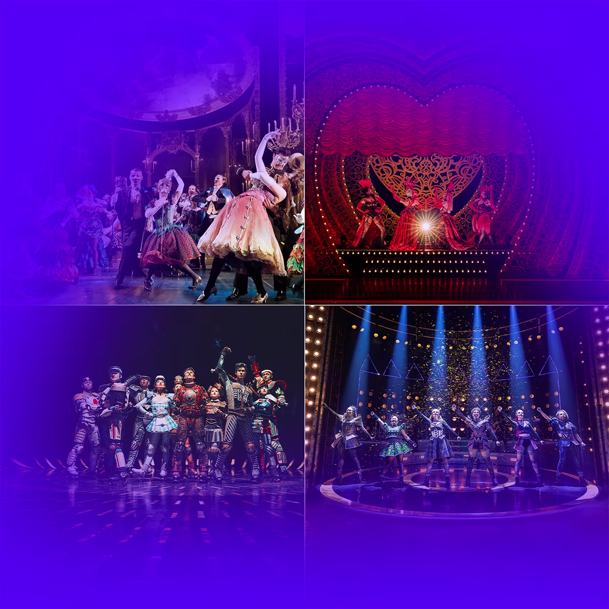 Collage mit Bildern von Phantom der Oper, Moulin Rouge, Starlight Express und Six