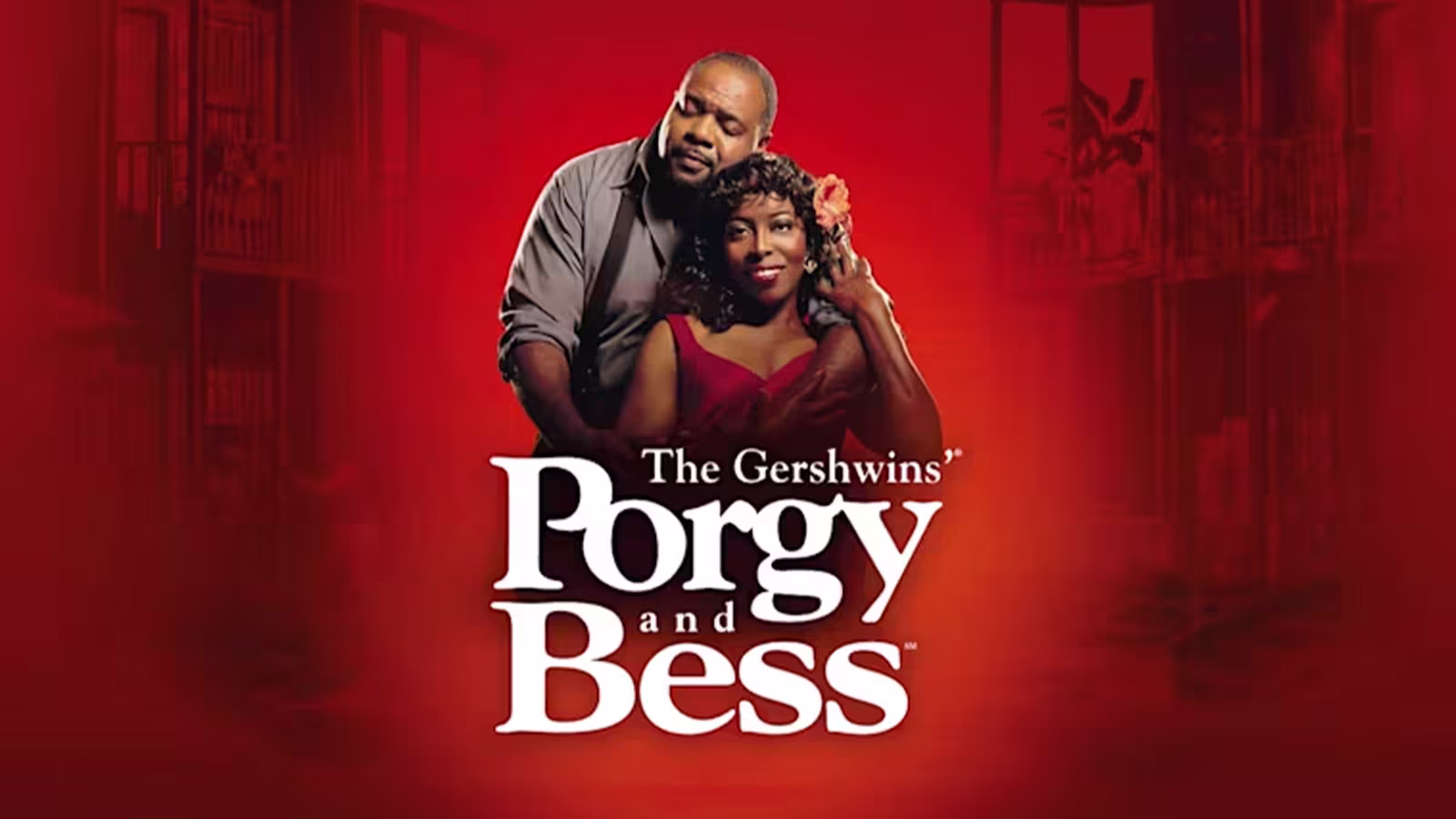Ein Mann umarmt eine Frau liebevoll von hinten, sie schaut in die Kamera. Der Hintergrund, im Vordergrund ist das Logo von The Gershwin's Porgy and Bess zu sehen.