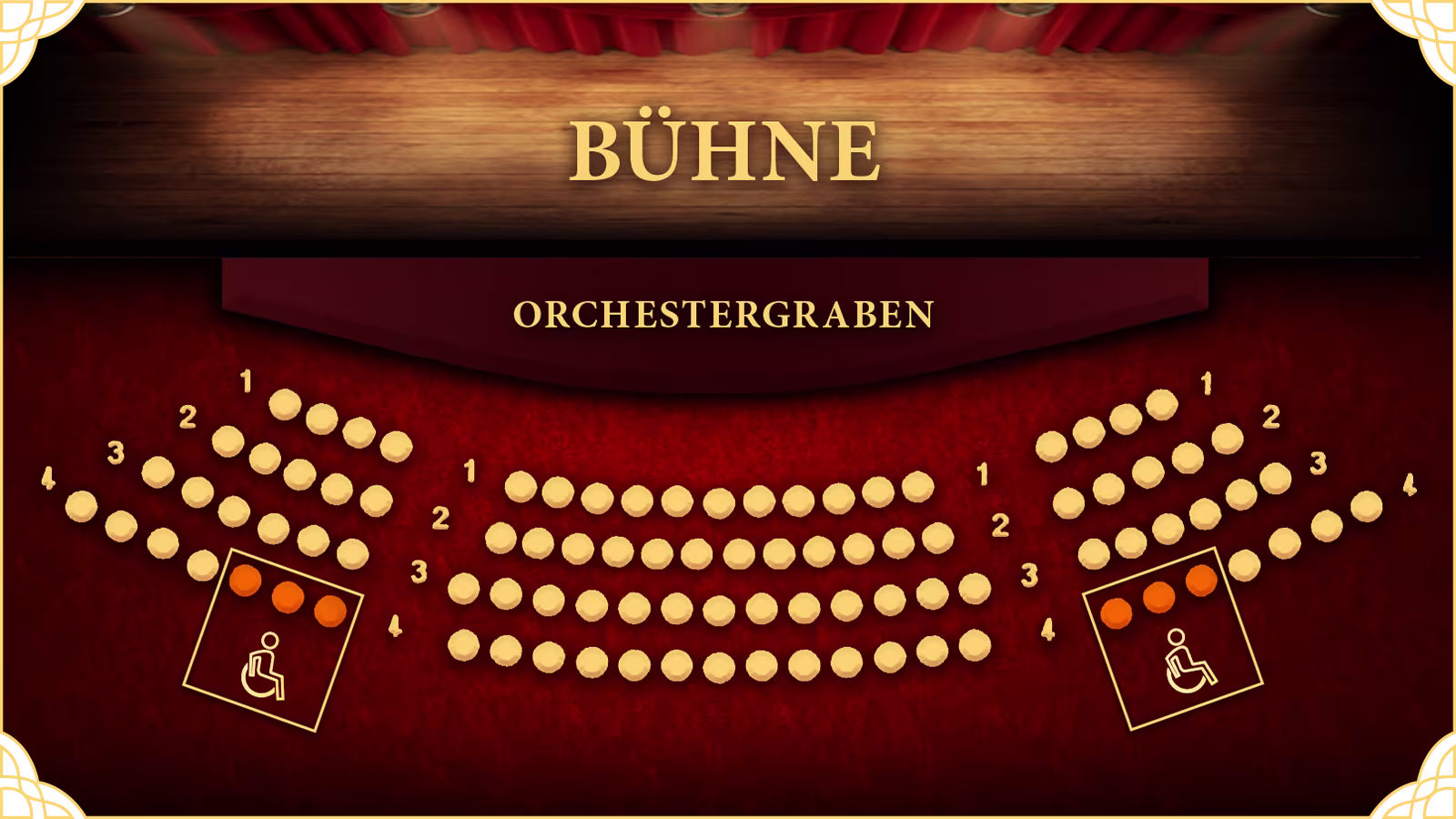 Das Phantom der Oper - Saaplan mit Bild von Bühne, Orchestergraben und Sitzplätzen, bei denen die barrierefreien Sitze in Reihe 4 markiert sind