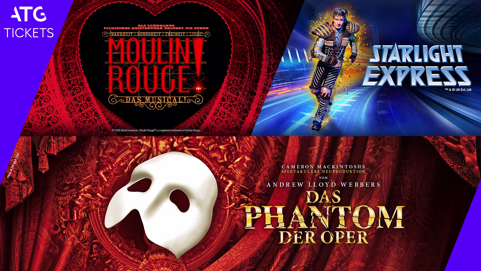 Collage von Moulin Rouge! Das Musical, Starlight Express und Das Phantom der Oper