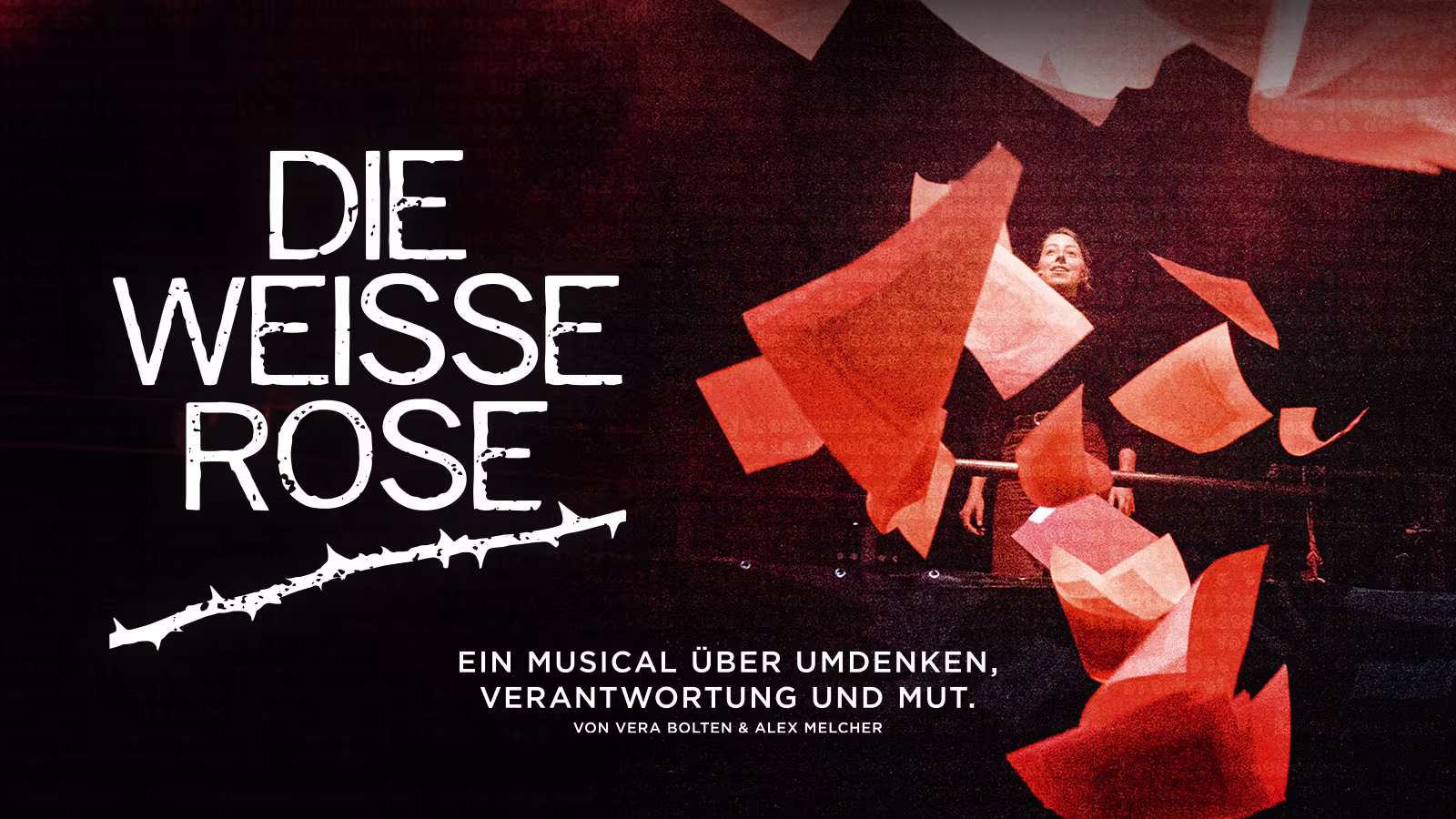 Die weiße Rose Keyvisual mit weißer Schrift des Logos, dunklem Hintergrund und roten Rosenblättern, die fliegen